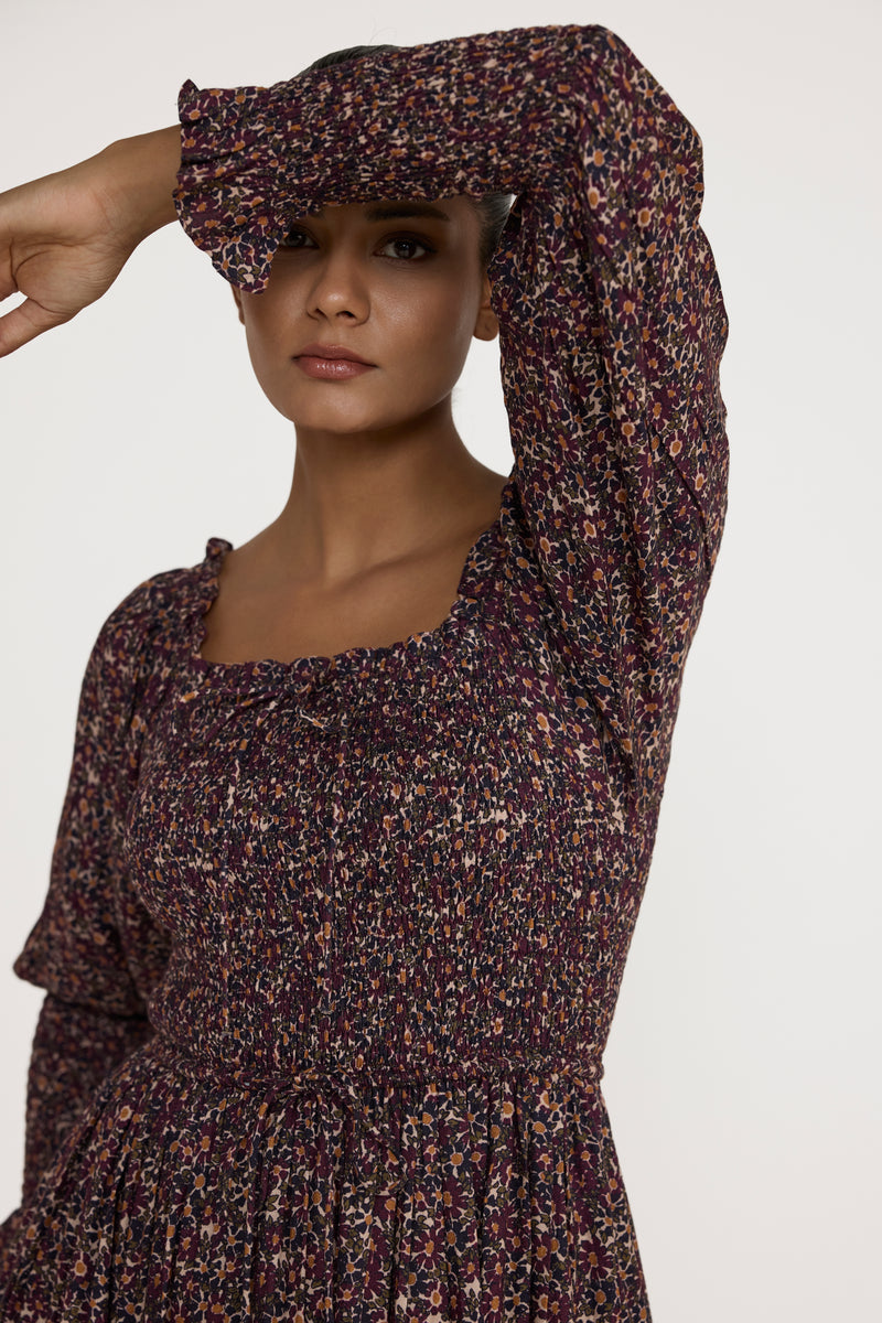 Shirred Bodice Dress - Floral