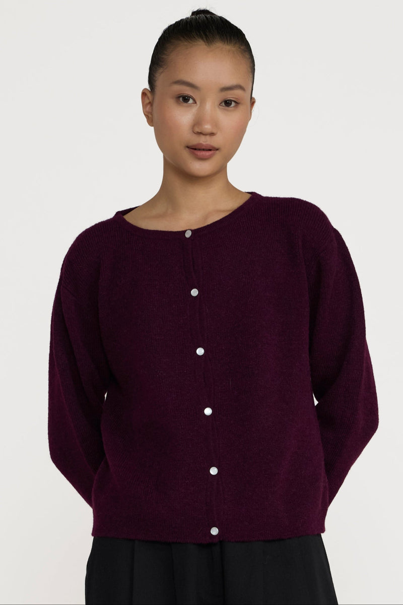 Person wearing a dark purple cardigan and black pants on a white background