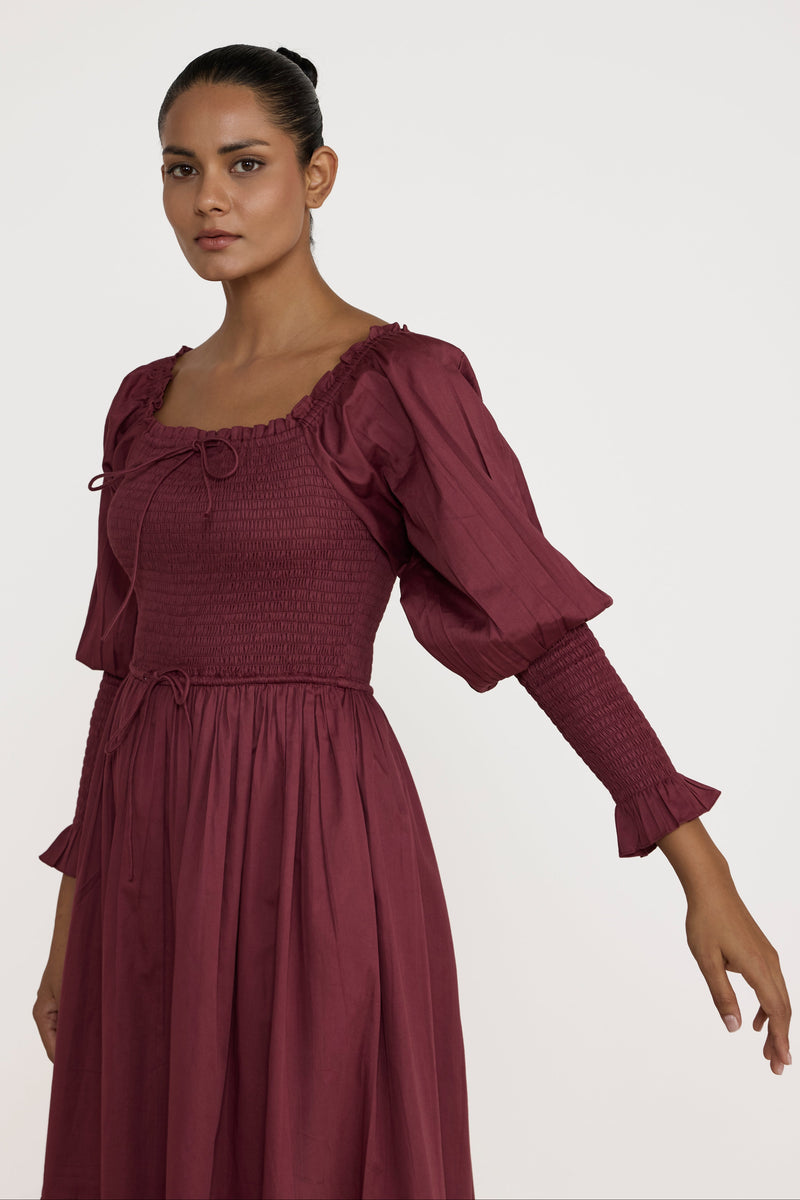 Shirred Bodice Dress - Syrah
