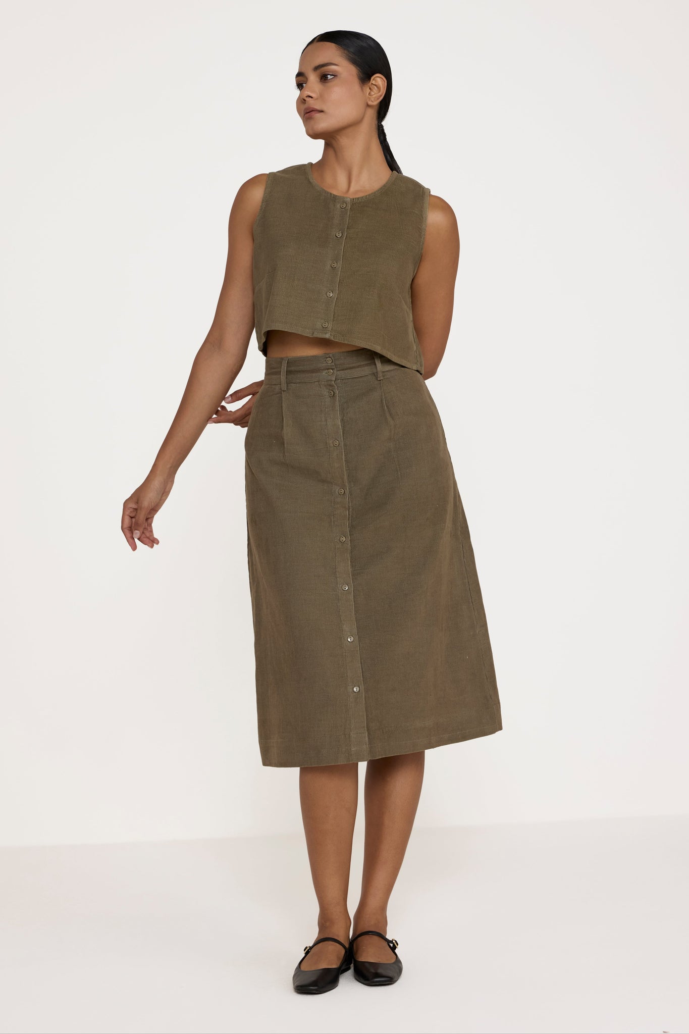 Aline Midi Skirt - Olive Corduroy