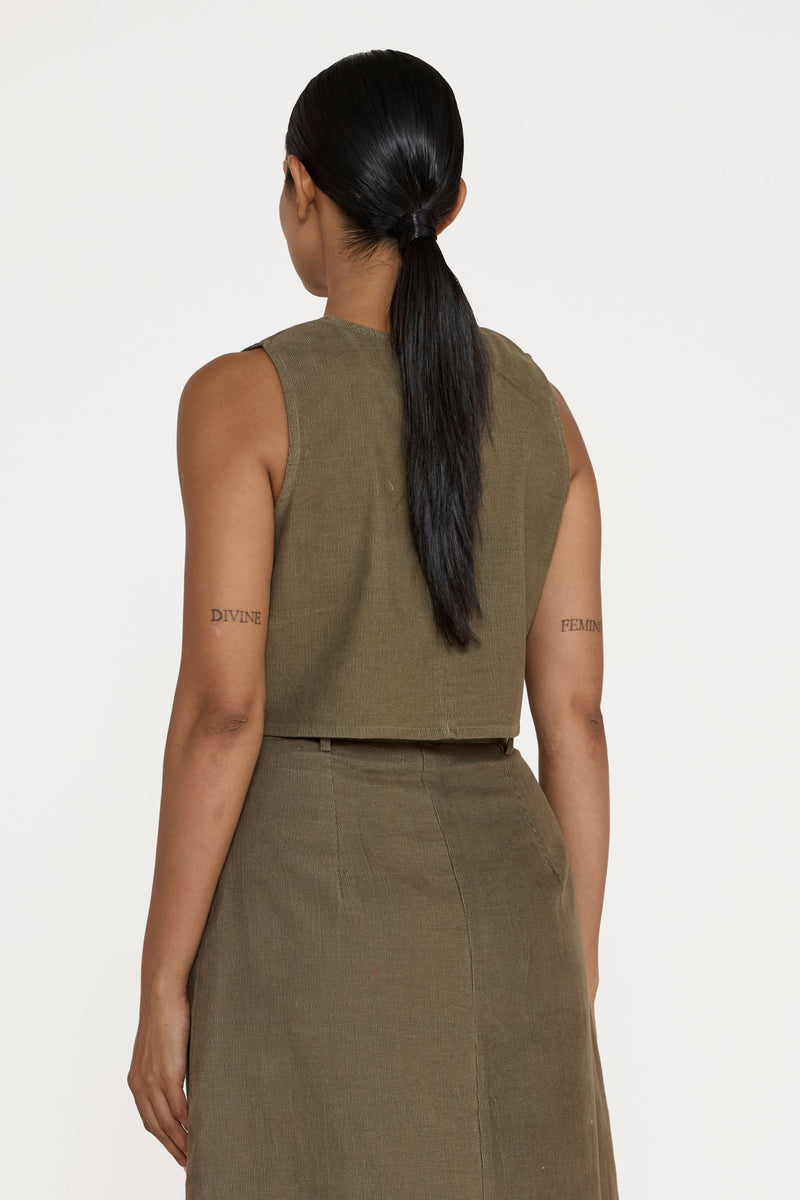 Cropped Button Vest - Olive Corduroy