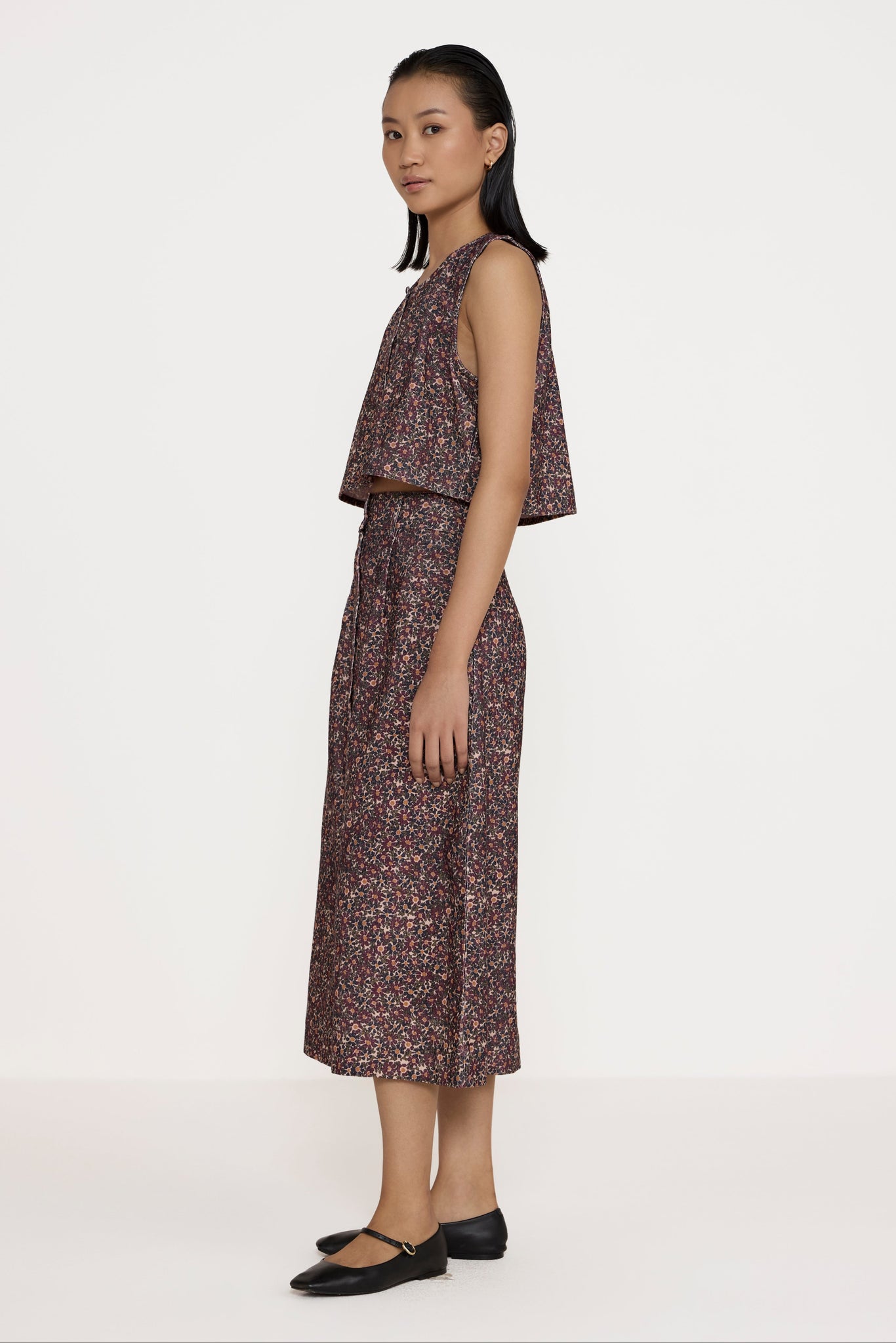 Cropped Button Vest - Floral Corduroy