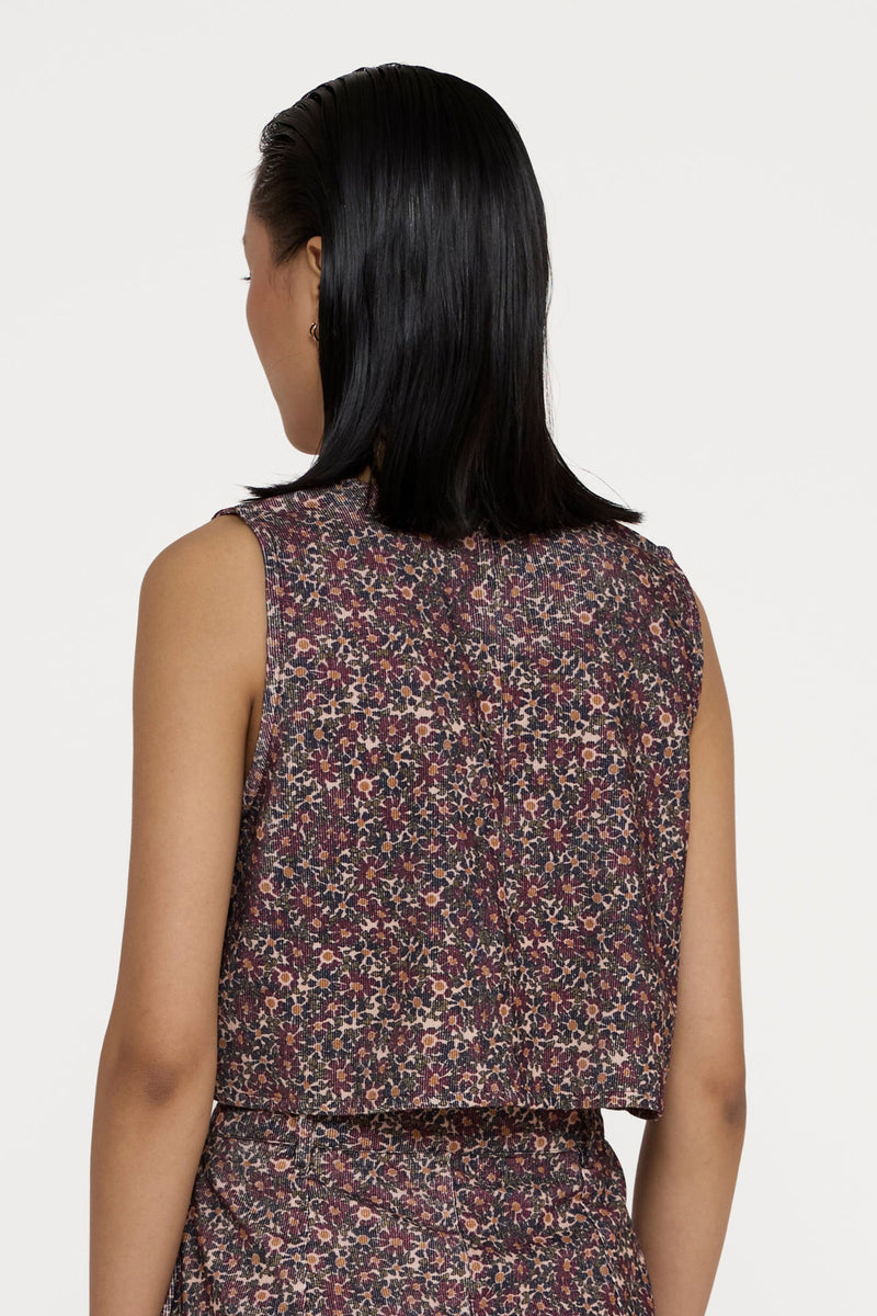 Cropped Button Vest - Floral Corduroy