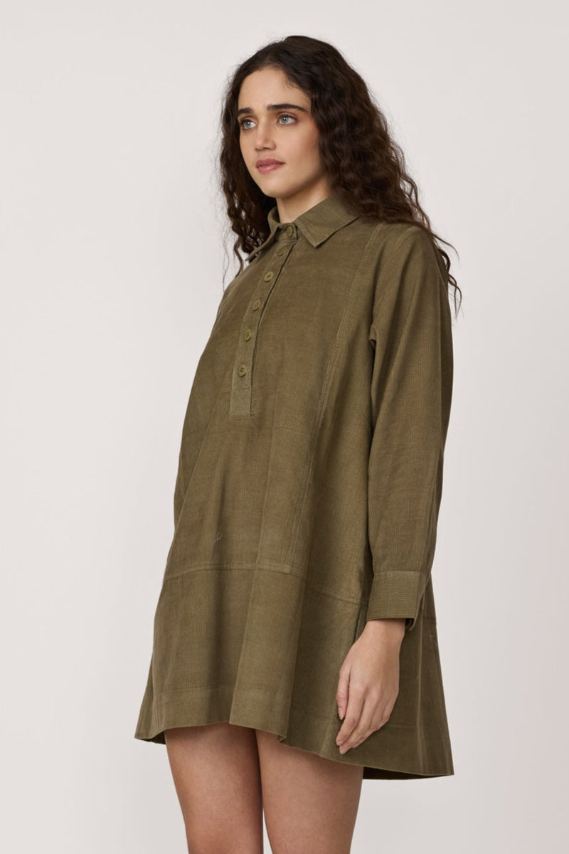 Mini Popover Dress - Olive Corduroy