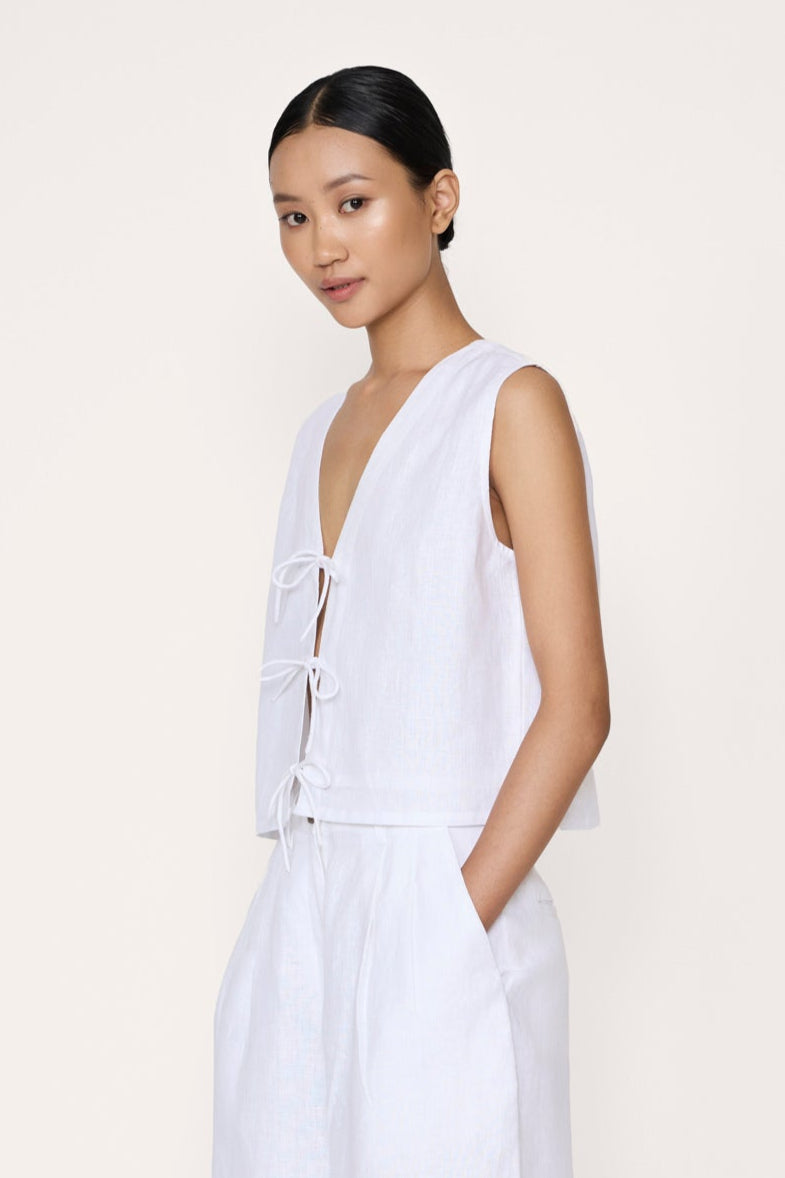 Tie Front Vest - White Linen