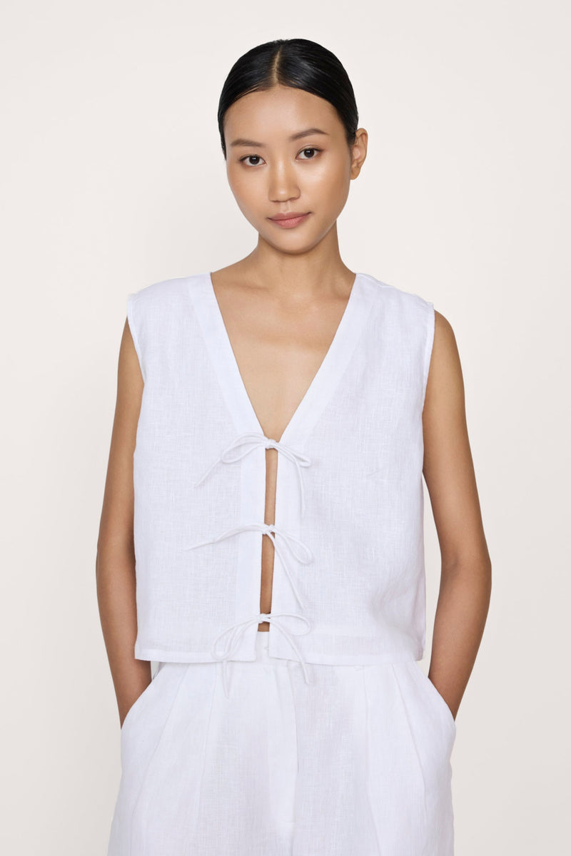 Tie Front Vest - White Linen