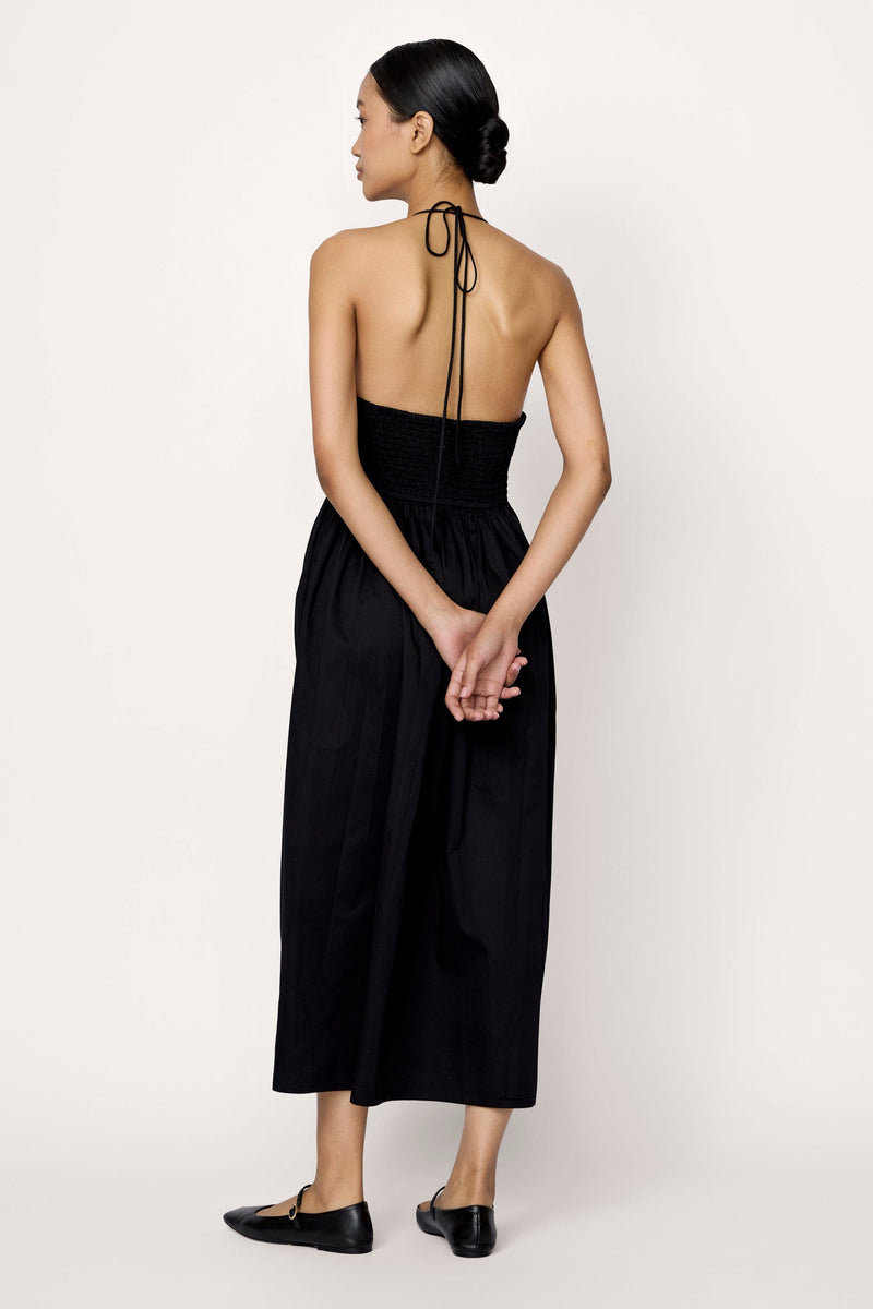 Halter Midi Dress - Black Poplin