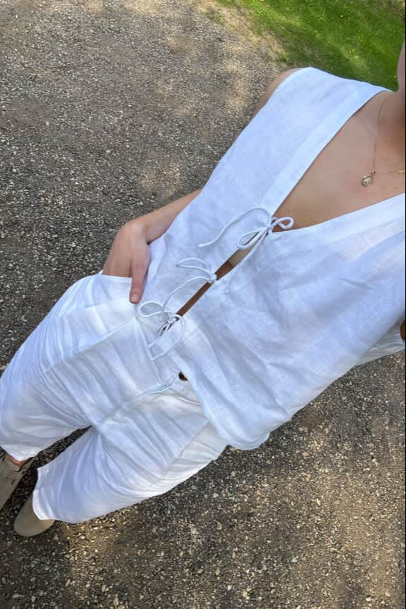 Tie Front Vest - White Linen