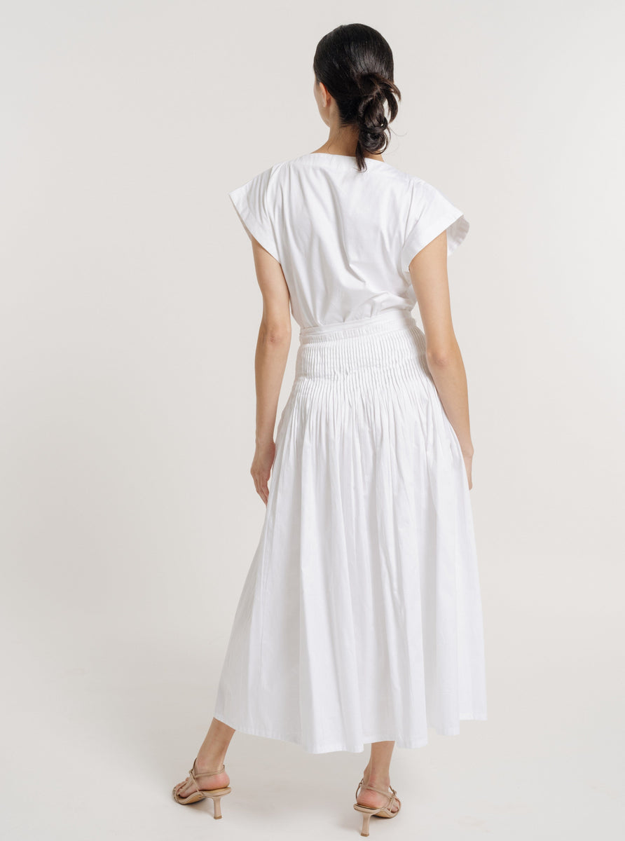 Drop Waist Pleated Skirt - White Poplin