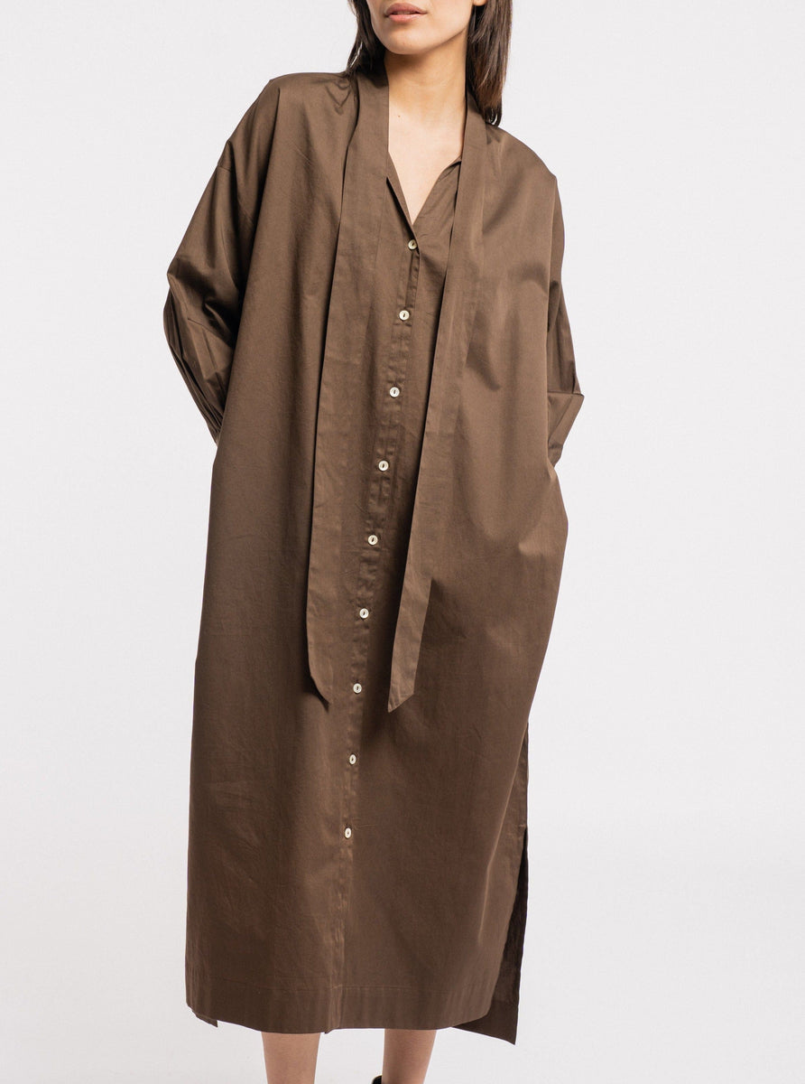 Sentence with Product Name: The model is wearing a Dolores Dress in Balsalt Brown made of organic cotton from India.