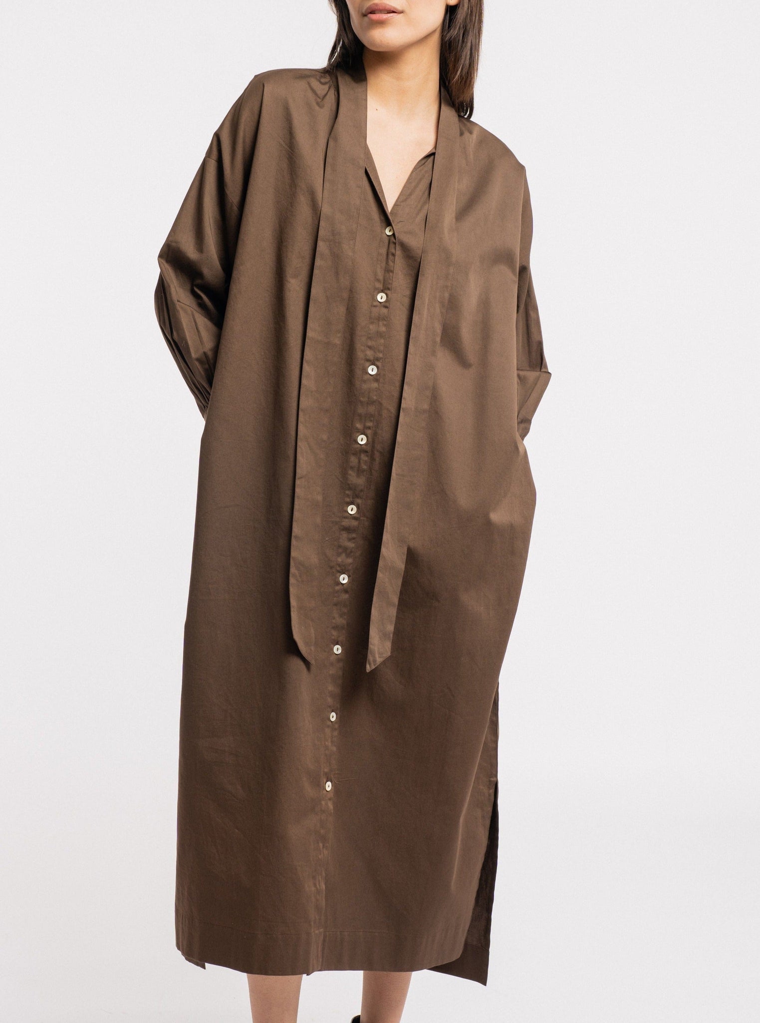 Sentence with Product Name: The model is wearing a Dolores Dress in Balsalt Brown made of organic cotton from India.