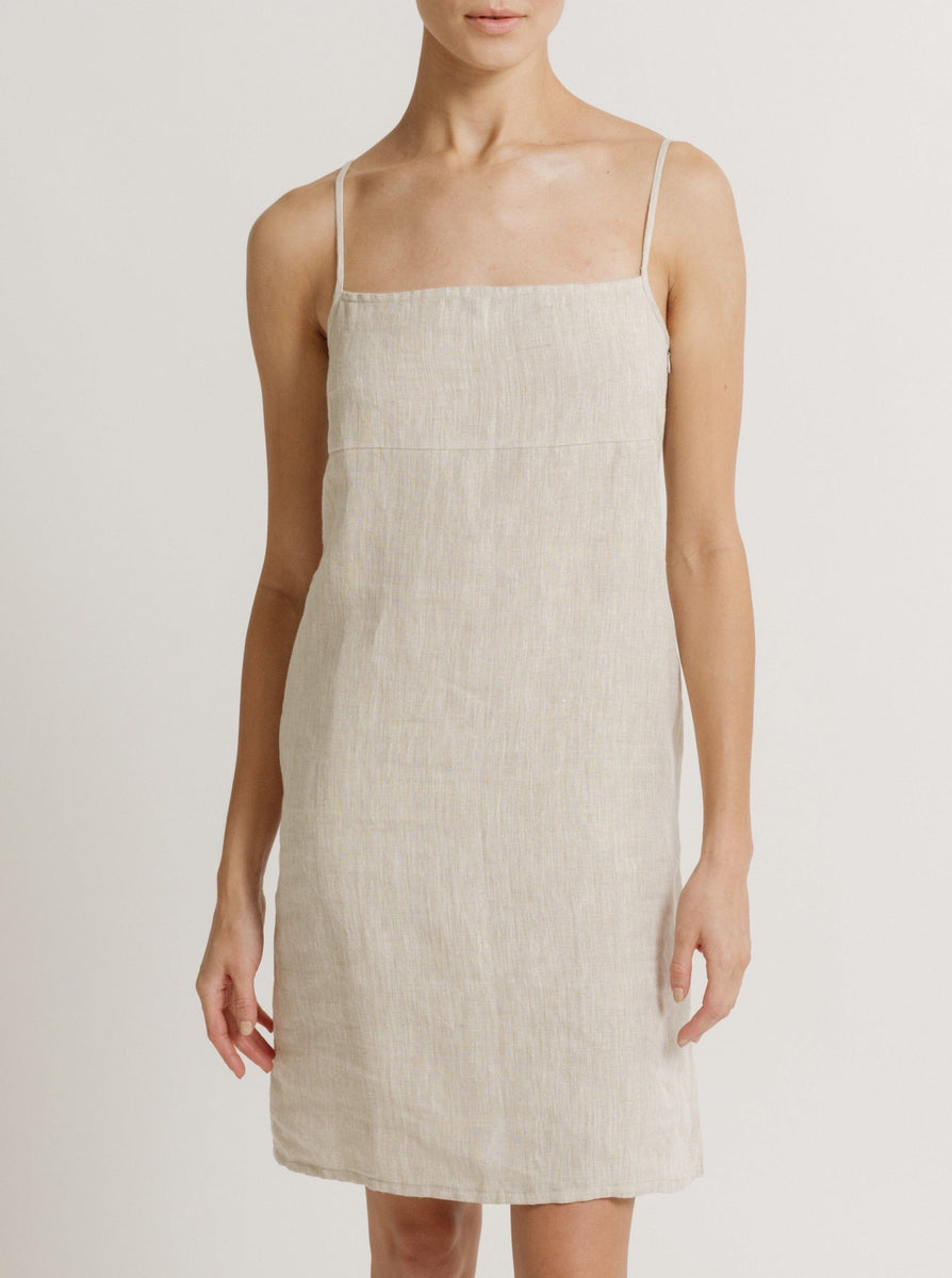 Beige Linen Mini Dress - Natural Linen - Pre-order with adjustable straps and square neckline.