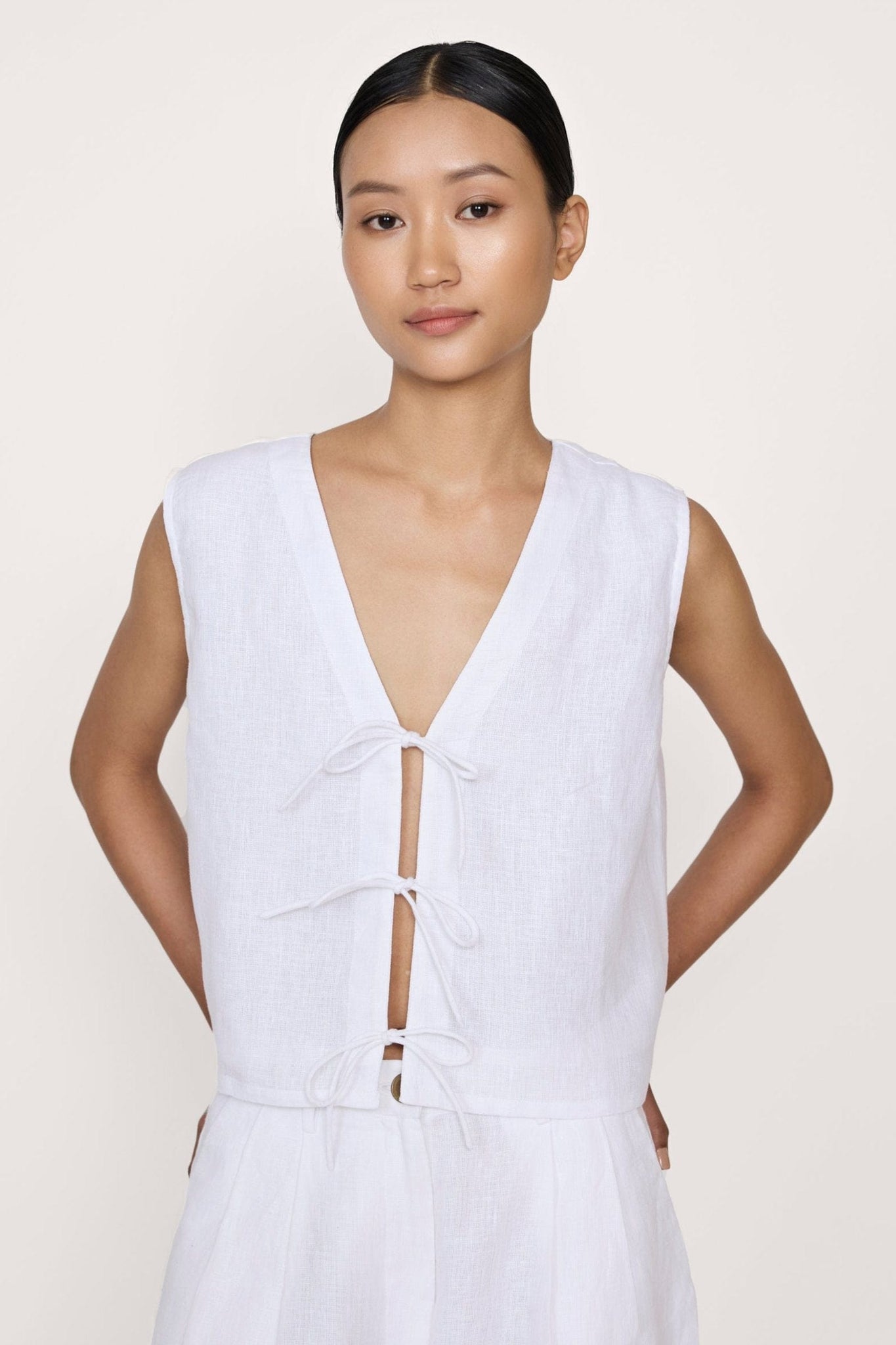 Tie Front Vest - White Linen