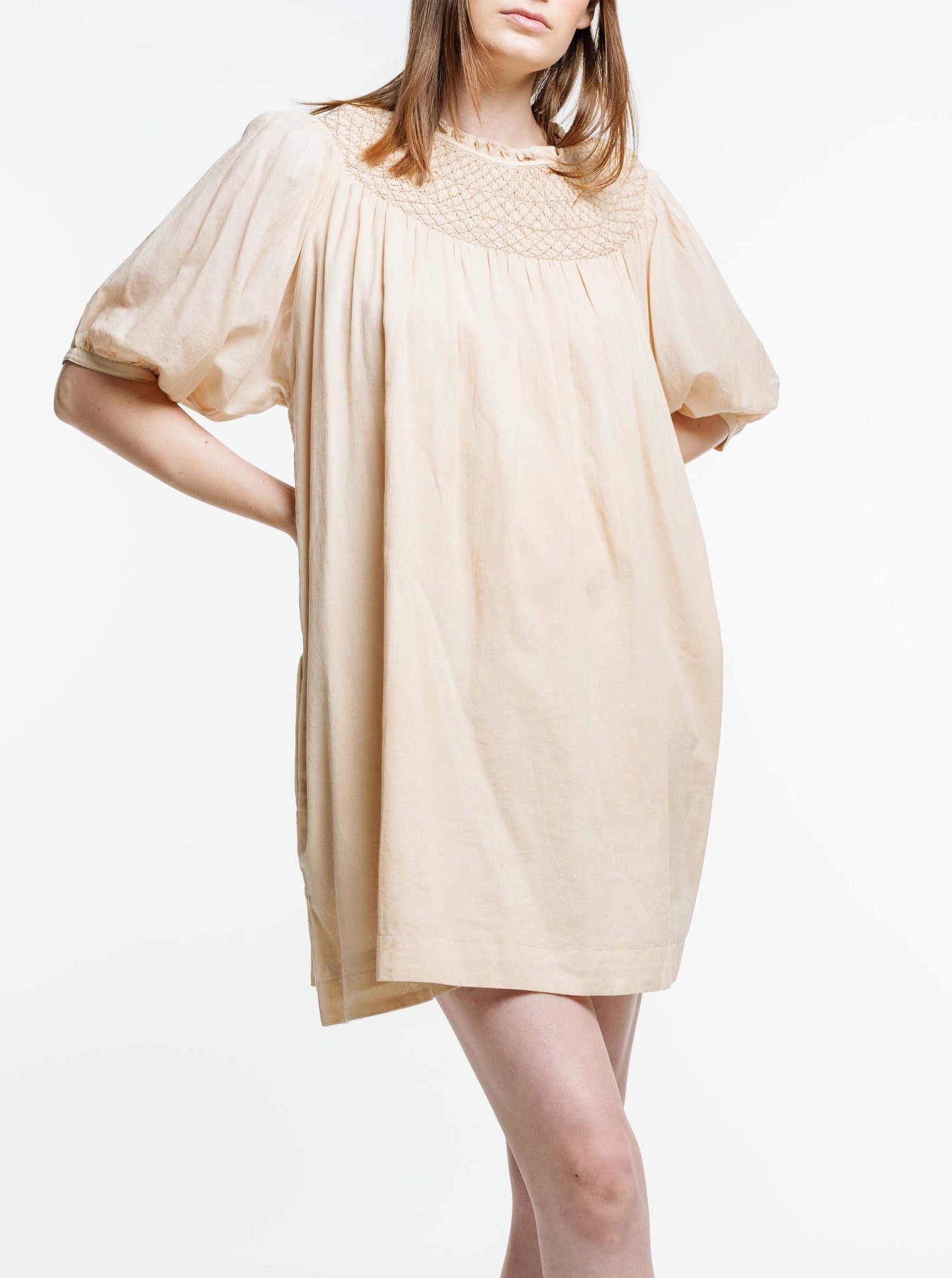 The model is wearing a Mirabel Mini Dress - Acacia Wood with a ruffled sleeve.