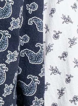 A pair of Francoise Top - Indigo Paisley Block shirts, featuring a blue and white paisley pattern.